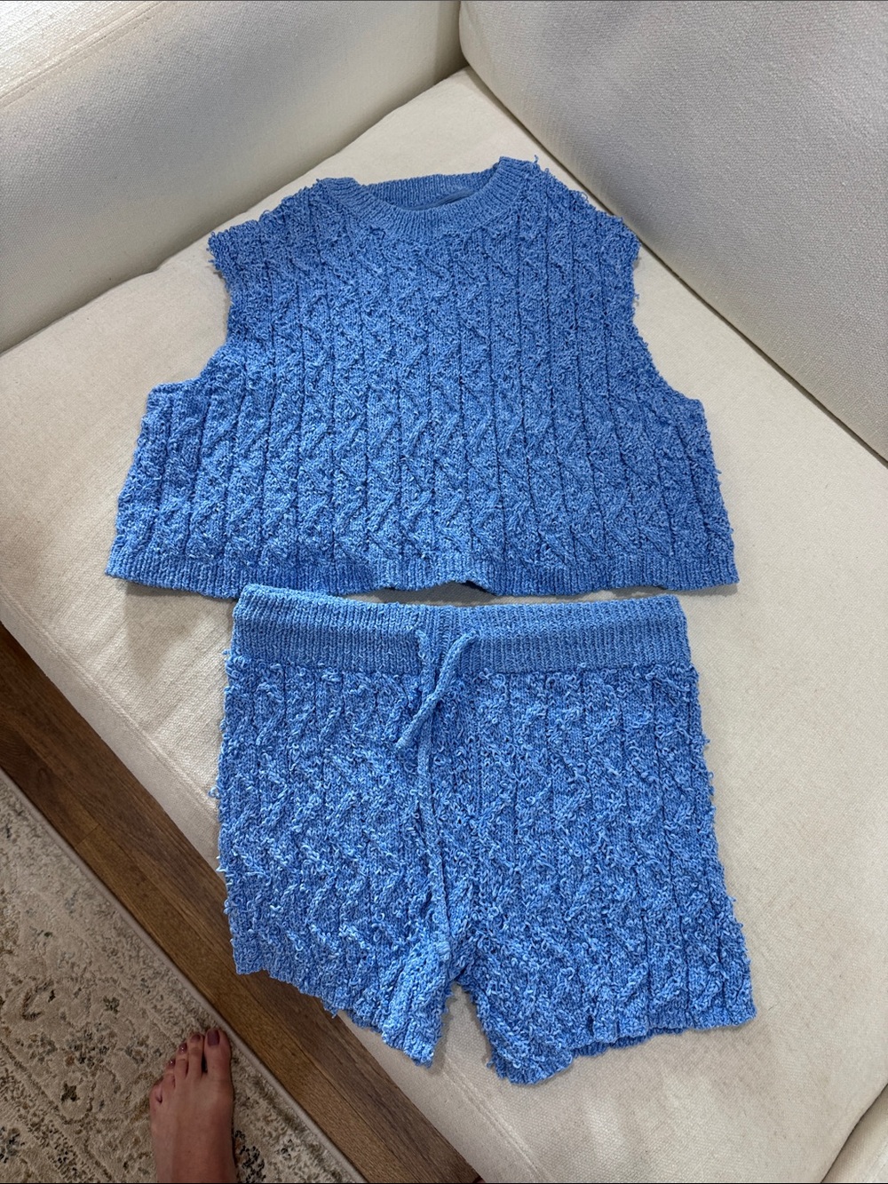 Women’s Blue Small Free People Textured Knit Crop Tank and Shorts Set